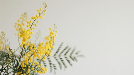 A minimalist photo of a single Mimosa branch against a white background, Women's day, Mimosa flower, blurred background, with copy space