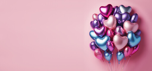 Valentine's Day romantic design concept - Beautiful real heart shape foil balloon isolated on pale pink background, top view, flat lay, overhead above photography. - Powered by Adobe