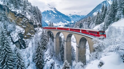 Landwasser Viaduct world heritage sight with luxury Glacier and Bernina express in Swiss Alps snow winter scenery. Aerial Drone shot train passing through famous mountain in Filisur, Switzerland
