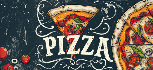 Dark backdrop, a banner featuring Pizza text accompanies a pizza slice with free copy space - obrazy, fototapety, plakaty