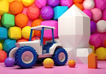 Children's plastic toy tractor. Illustration for cover, card, postcard, interior design, banner, poster, brochure or presentation.