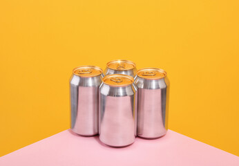 Aluminum beverage drink cans on the table. A party with refreshments.