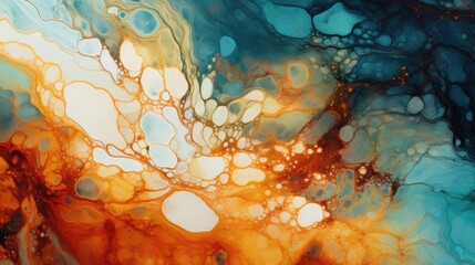 artistic fusion of aqua blues and fiery reds abstract waves with golden droplets for modern graphic use