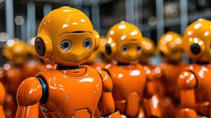 Large warehouse of robots in production with selective focus on a single cyborg. Roboticized toys of the future. Artificial intelligence. Science fiction. Technological style illustration.