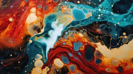 artistic fusion of aqua blues and fiery reds abstract waves with golden droplets for modern graphic use