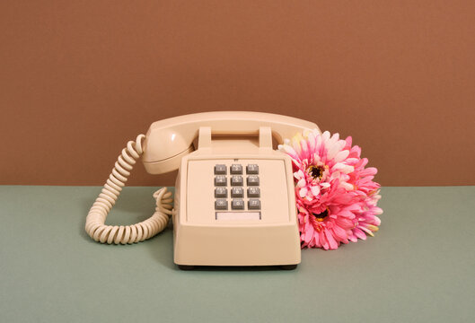 Aesthetic telephone retro concept. Spring flowers. Old style.