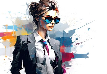 Portrait of a young beautiful woman in watercolor style with paint splatters. Business lady. Confident female entrepreneur. Close-up of the face against the backdrop of the office. Illustration.