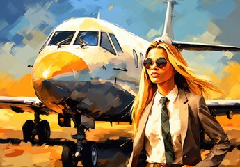 Elegant lady in the background of a private jet in watercolor style. Businesswoman or rich woman after a flight. Confident female entrepreneur. Illustration for cover, card, interior design, etc.