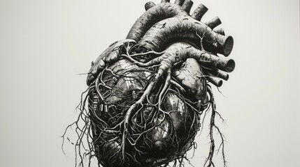 Lithography print of a human heart with elements of robots and elements of natural such as roots and tree branches, cutaway view, in the style of john darkow, black and white, hyperrealism, embroidery