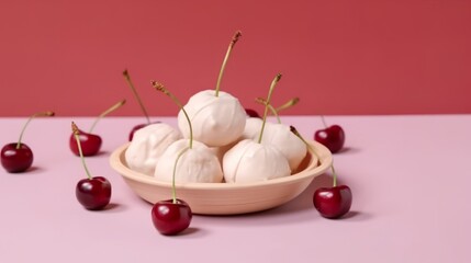 Bowl of dumplings with cherries, sprinkled with powdered sugar, on a pink background. Fresh berries are scattered around the bowl. Copy space banner Concept: traditional sweet dish made from dough.
