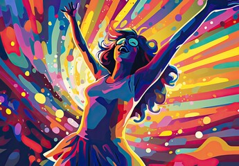 A girl dances dynamically in a club in the style of a painted picture. Digital art. Illustration for cover, card,  interior design, banner, poster, brochure or presentation.