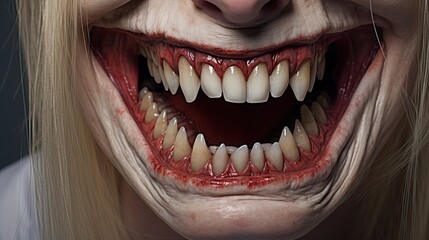 The creepy grin of an evil creature. A sinister smile. Grim image of a scary undead creature.