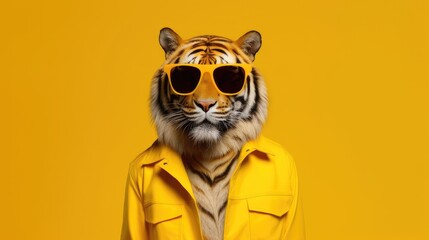 Close-up of a tiger wearing glasses. Portrait of a tiger. Anthopomorphic creature. A fictional character for advertising and marketing. Humorous character for graphic design. - obrazy, fototapety, plakaty
