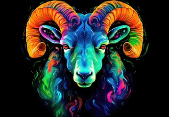 Wild ram drawn with bright colors. Colorful image of wild ram for advertising and design.