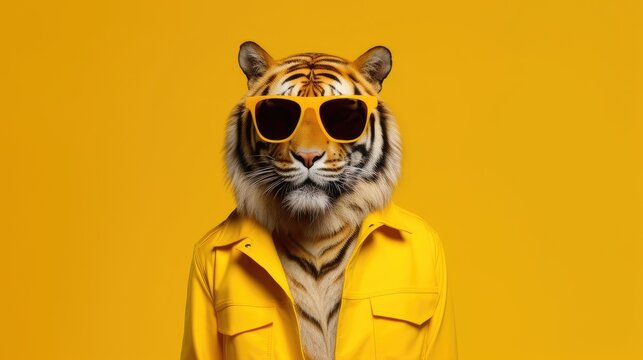 Close-up of a tiger wearing glasses. Portrait of a tiger. Anthopomorphic creature. A fictional character for advertising and marketing. Humorous character for graphic design.