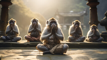 Varis monkeys doing yoga in monk clothing - obrazy, fototapety, plakaty