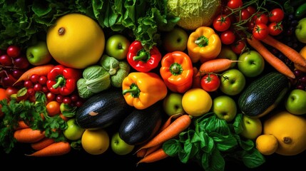 Background of vegetables and fruits. Top view of stalls with organic plant products in the farmer's market or store. Products for a healthy diet. Bright colorful showcase.