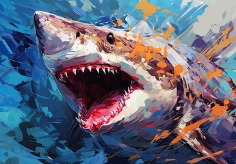 A painting depicting a shark swimming in the water column. A large predatory fish swimming in the ocean. Underwater scene. Illustration for cover, card, postcard, interior design or print. - obrazy, fototapety, plakaty