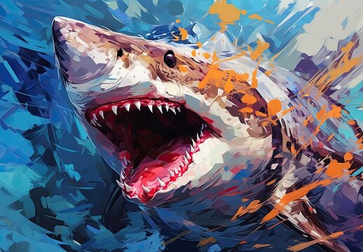 A painting depicting a shark swimming in the water column. A large predatory fish swimming in the ocean. Underwater scene. Illustration for cover, card, postcard, interior design or print.