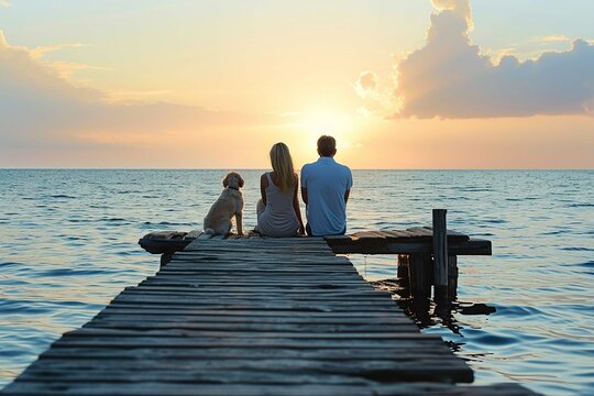 Family with dog resting on a pier