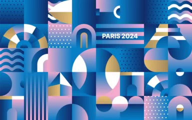 Schilderijen op glas Sports background for event, tournament or invitation. Layout design template with geometric shapes. Summer Championship in Paris. Sports trend 2024. © dimakostrov