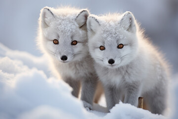 Close-Up of Arctic fox pups playing in the snow
