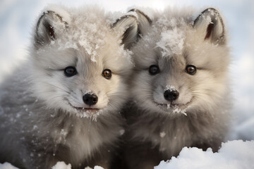 Naklejka premium Close-Up of Arctic fox pups playing in the snow