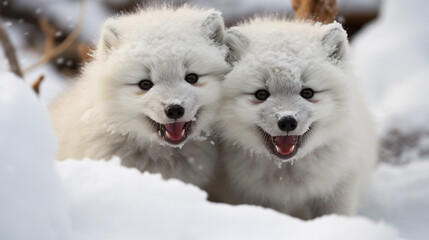 Fototapeta premium Close-Up of Arctic fox pups playing in the snow