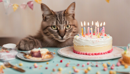 Cat with birthday cake. Birthday concept