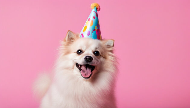 Happy Spitz  in birthday hat on pink background . Birthday concept