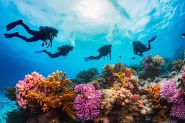 Scuba divers exploring vibrant coral reefs and encountering an array of colorful marine life in clear, azure waters. AI generative