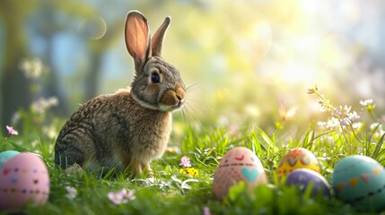 Easter landscape with bunny and colorful eggs.