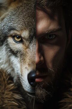 Half wolf, half man. Hybrid fantasy portrait