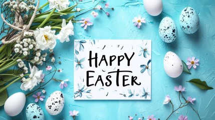 Happy easter banner background. Easter flowers with eggs