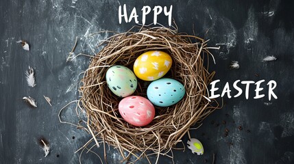 Happy easter banner background. Easter nest with eggs