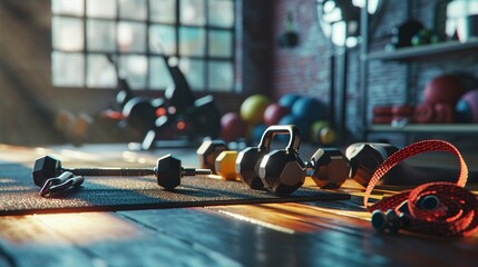 Fitness hall,fitness equipment, weights and resistance bands. Created with Generative Ai technology - obrazy, fototapety, plakaty