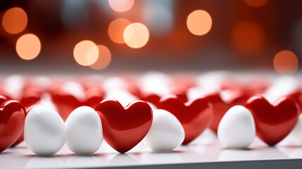 Red hearts on wooden table against defocused lights.