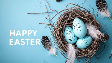 Happy easter banner background. Easter nest with eggs