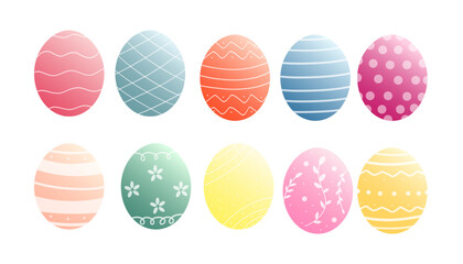 Set of colored easter eggs with gradient. Vector illustration. Collection Easter eggs, hand drawn illustration, greeting card sign. Green, yellow, pink and blue eggs on white background. 