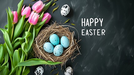 Happy easter banner background. Easter nest with eggs