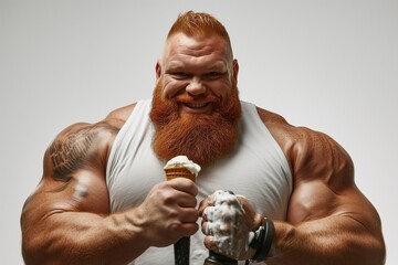 A chubby bodybuilder with massive arms, smiling with a ice cream, white background. - obrazy, fototapety, plakaty