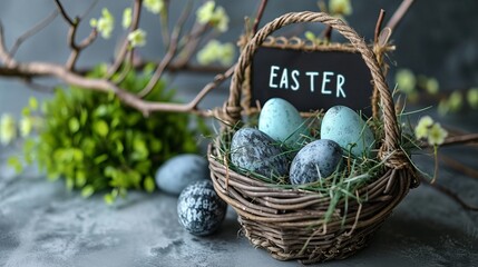 Happy easter banner background. Easter basket with eggs