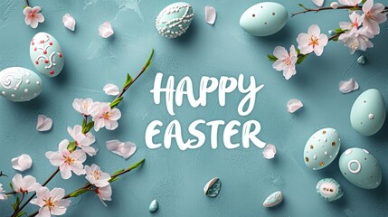 Happy easter banner background. Easter flowers with eggs