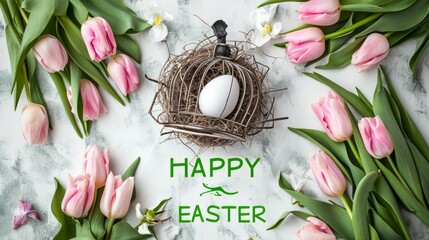 Happy easter banner background. Easter nest with eggs