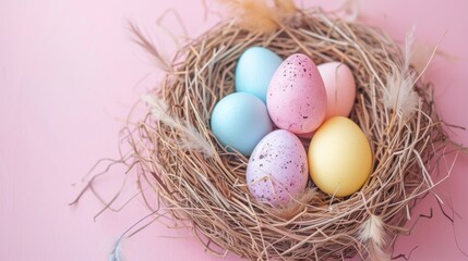 Naklejka na ściany i meble Happy easter banner background. Easter nest with eggs