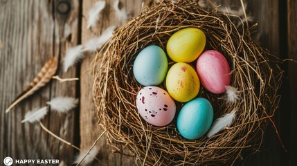 Happy easter banner background. Easter nest with eggs