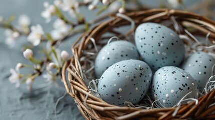 Naklejka na ściany i meble Happy easter banner background. Easter nest with eggs