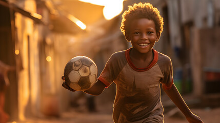 A young African boy joyfully plays with a handmade soccer ball in a dusty village. Generative AI