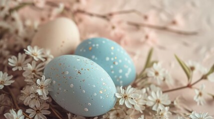 Fototapeta na wymiar Happy easter banner background. Easter eggs with flowers