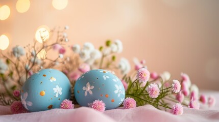 Fototapeta na wymiar Happy easter banner background. Easter eggs with flowers